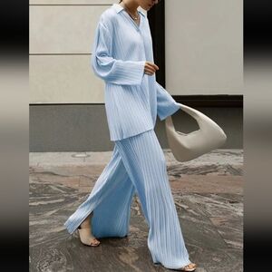 Commense Leisure Pleated 2pc Set sz L Blue Oversize Button Up Top Wide Leg Pants